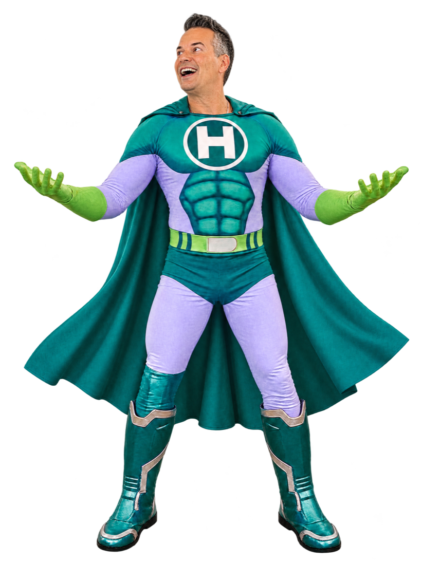 headTrix Super-Human with Adobe and HeyGen app icons floating above his hands